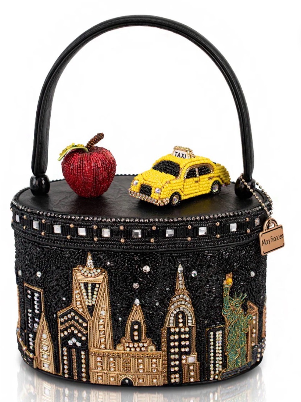 BRAND NEW MARY FRANCIS Beaded NYC Landmark Box Bag with Yellow Taxi & Red Apple
